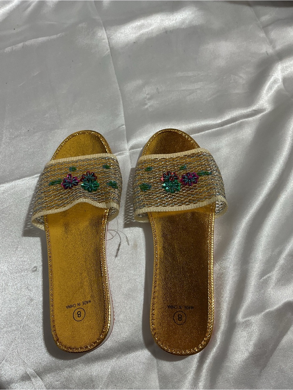 Gold Beaded Slide Sandals with Floral Accents - Women